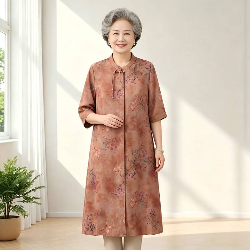 商场品牌老太太新中式短袖连衣裙老年人夏装洋气过膝裙子奶奶端正
