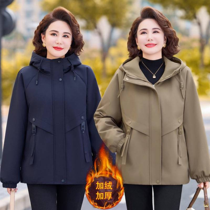 商场品牌妈妈冬季外套新款纯色加绒加厚派克服连帽洋气中老年女装
