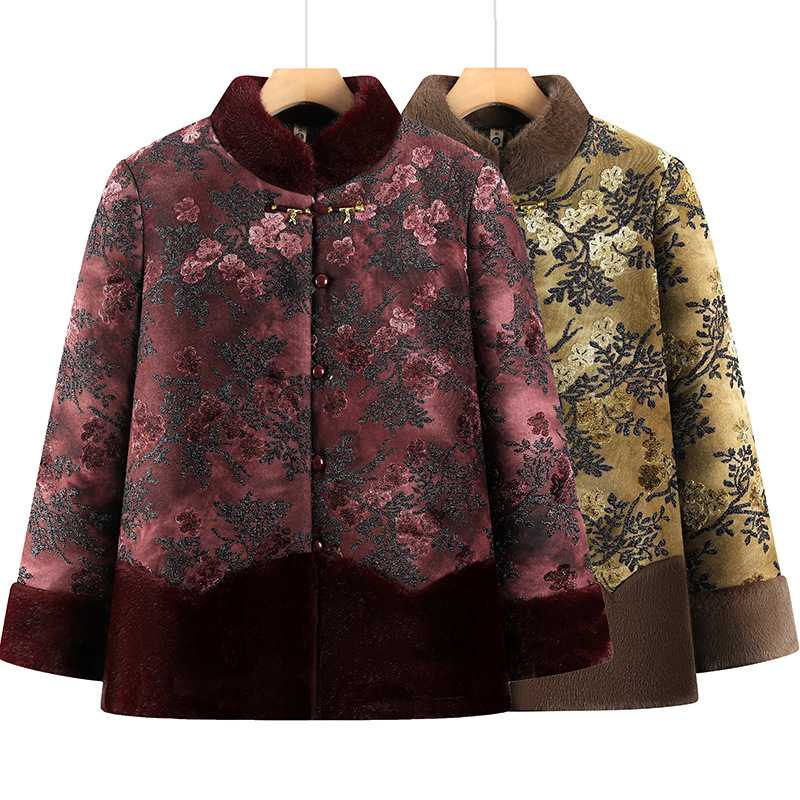 专柜品牌奶奶冬装加绒加厚外套中老年女装冬季唐装棉服老太太保暖