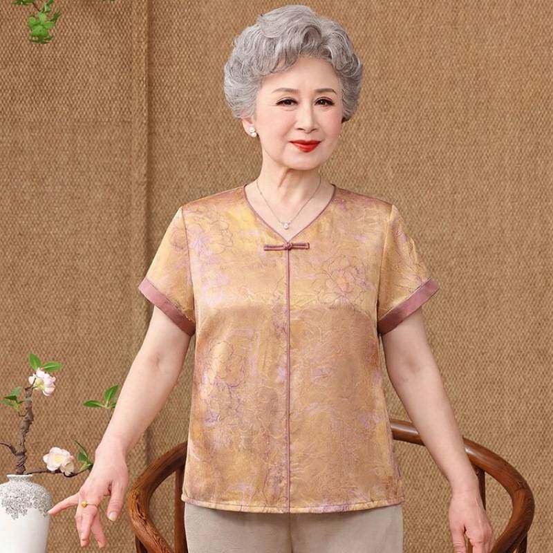 商场品牌老太太夏天T恤宽松短袖气质奶奶妈妈夏装雪纺衫中老年人