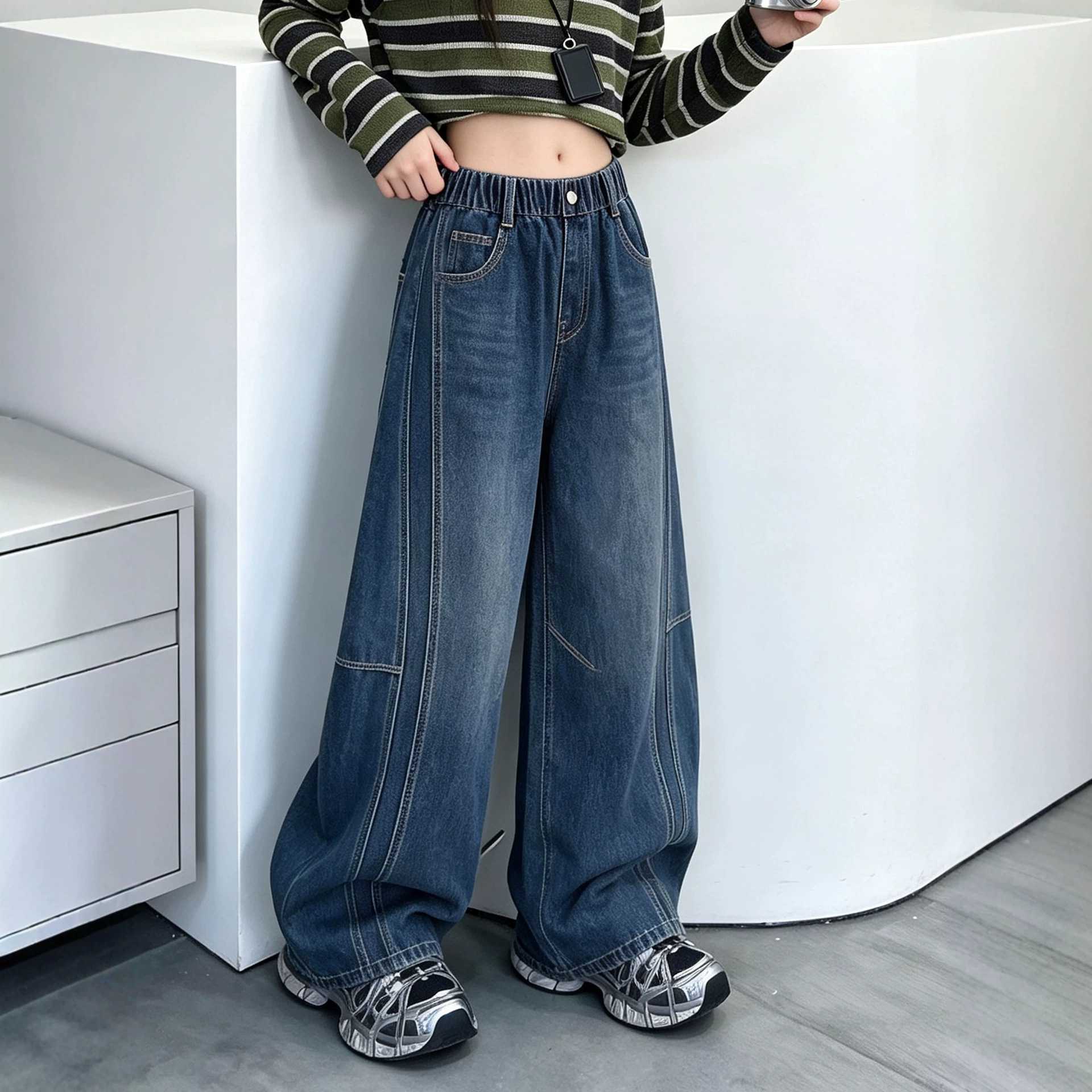 专柜品牌女童网红牛仔裤大童女孩秋季时髦阔腿裤弯刀裤儿童装时尚