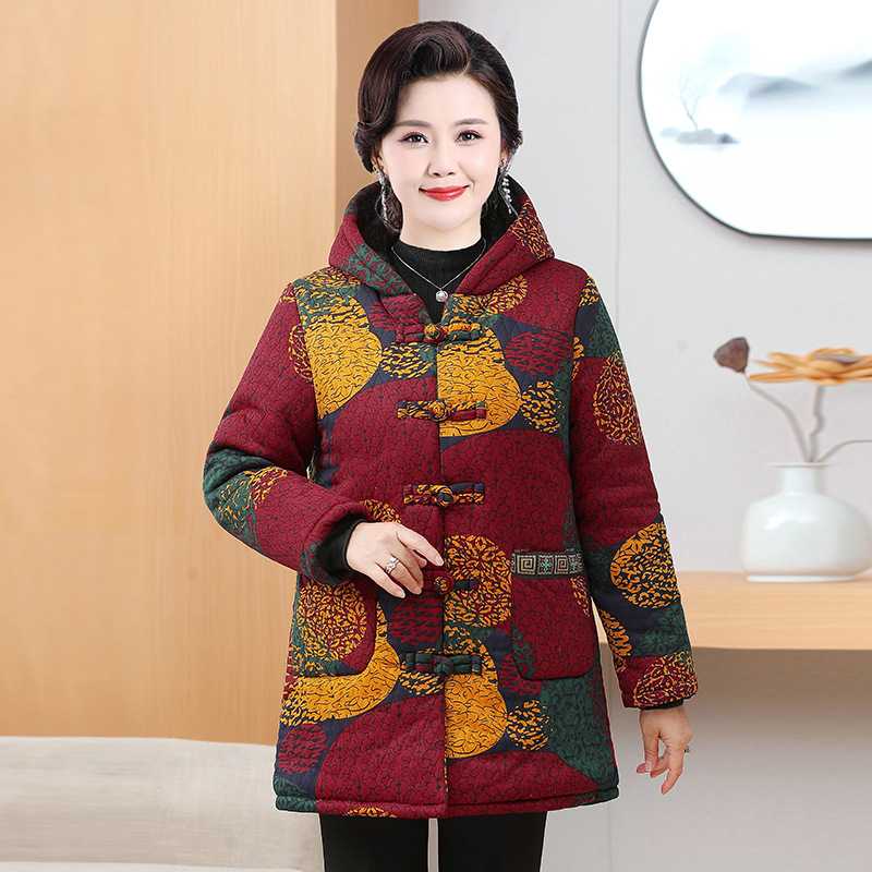 专柜品牌棉衣女款妈妈加绒加厚羽绒棉服中长款外套中老年奶奶连帽