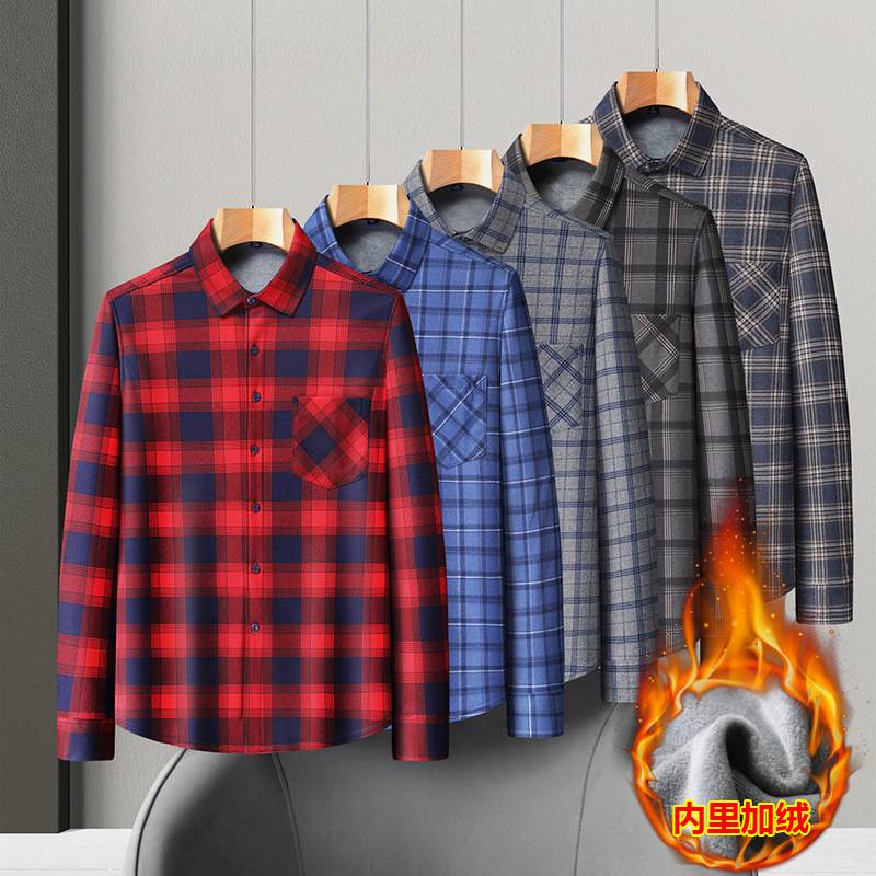 商场品牌2025冬季男士加肥加大码保暖休闲时尚格子衬衫加绒加厚打