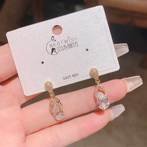 专柜品牌新品镀14K金银针水滴锆石流苏耳钉 女韩版高级感气质通勤