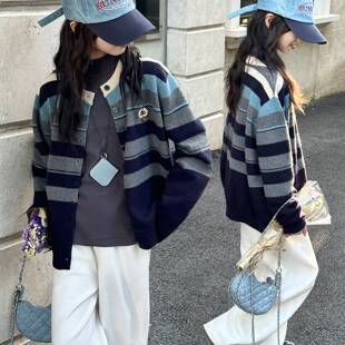 商场品牌女童秋装针织衫2025新款儿童秋冬中大童条纹毛衣外穿衣服