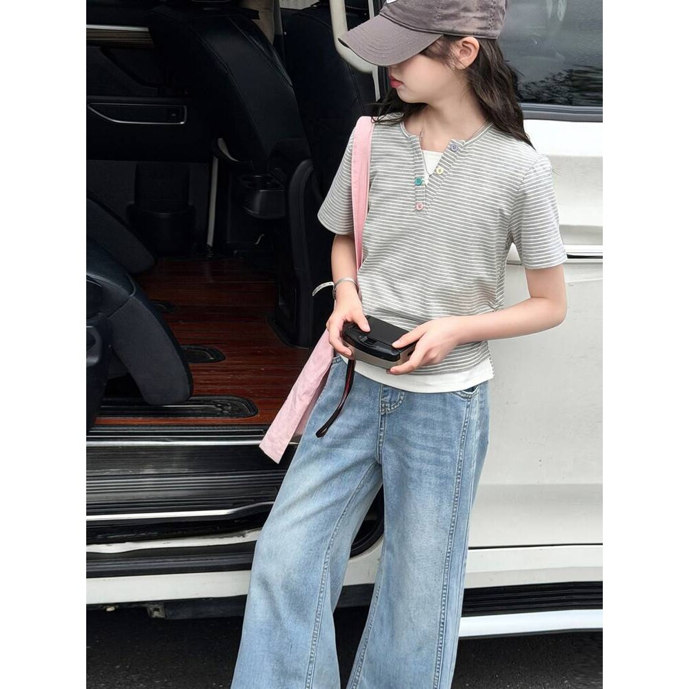 商场品牌韩系女童夏季假两件T恤套装休闲短袖上衣阔腿裤洋气时髦