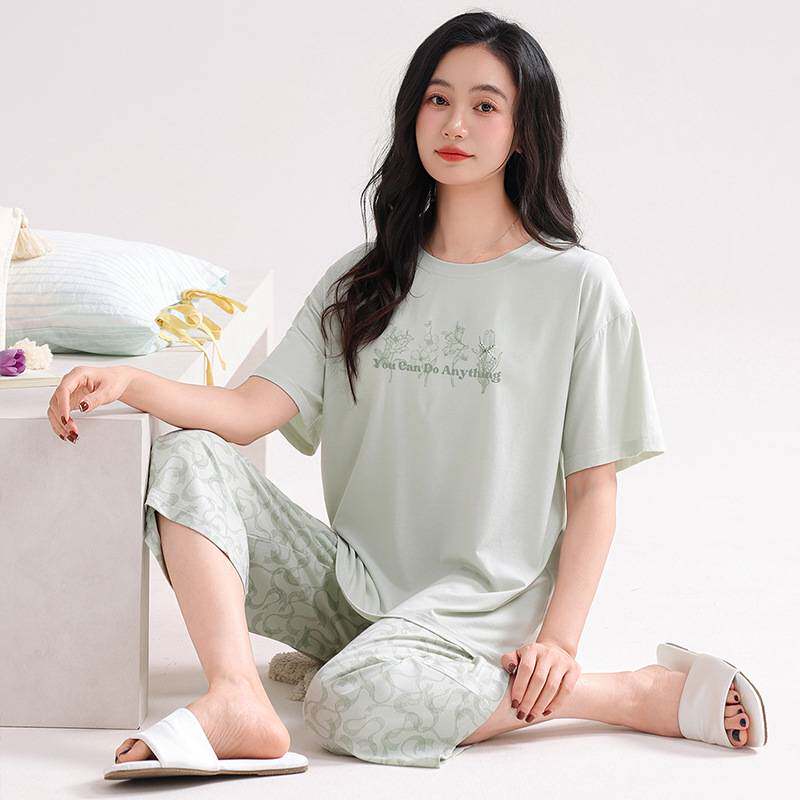 商场品牌纯棉睡衣女款夏季带胸垫短袖七分裤凉感薄款夏天防凹点家
