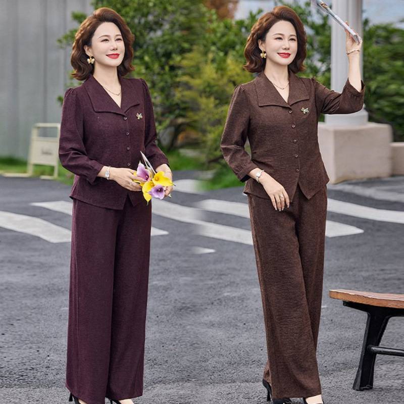 商场品牌妈妈装时尚长袖上衣真丝套装春夏新款中老年女装洋气直筒