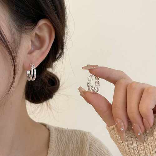 专柜品牌双层碎银子耳圈耳环女轻奢小众设计高级感耳钉百搭气质独