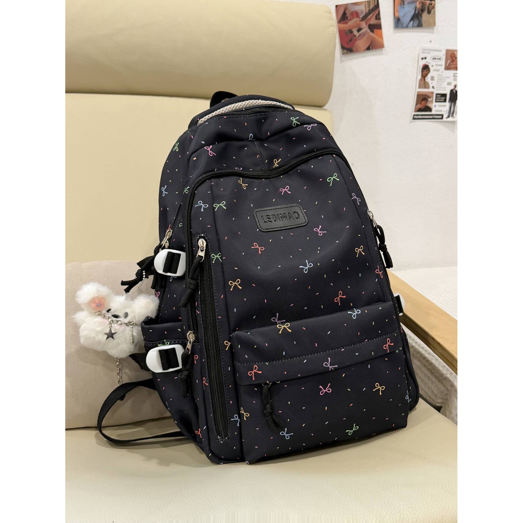 专柜品牌韩版ins甜美学生书包彩色蝴蝶结书包纯色波点学生书包大