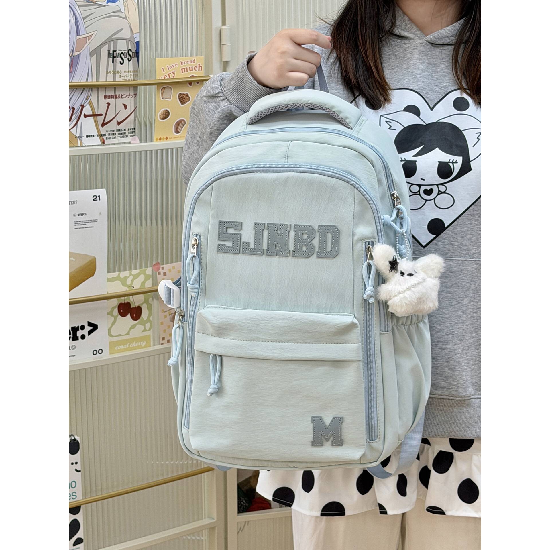 专柜品牌清新浅蓝字母印花学院风背包学生党少女上课出游多隔层实