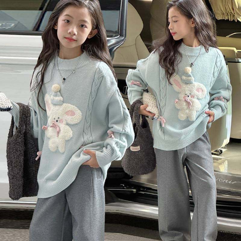 商场品牌女童冬季毛衣2025新款女孩时尚卡通兔子针织衫儿童加厚保