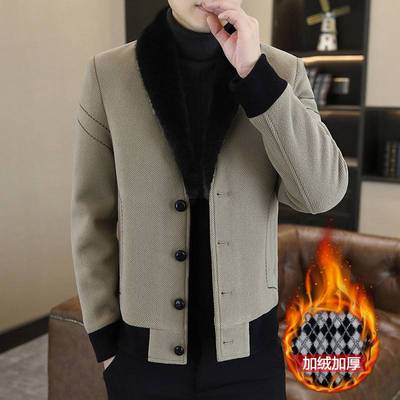 商场品牌毛呢大衣男加绒加厚大毛领短款呢子夹克休闲帅气潮流保暖