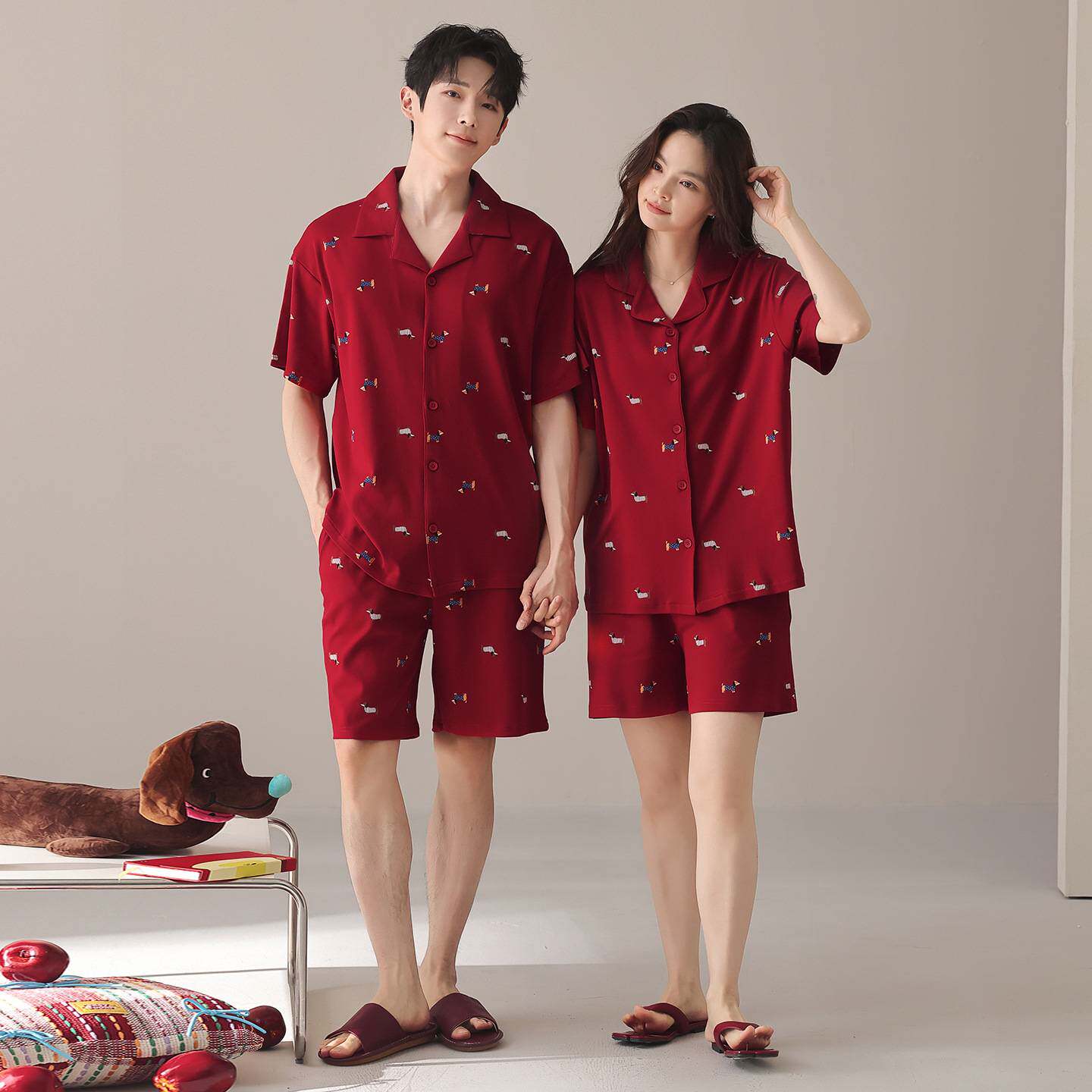 商场品牌结婚新婚情侣套装夏季纯棉短袖薄款喜庆婚庆酒红色全棉家