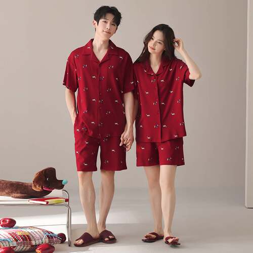 商场品牌结婚新婚情侣套装夏季纯棉短袖薄款喜庆婚庆酒红色全棉家