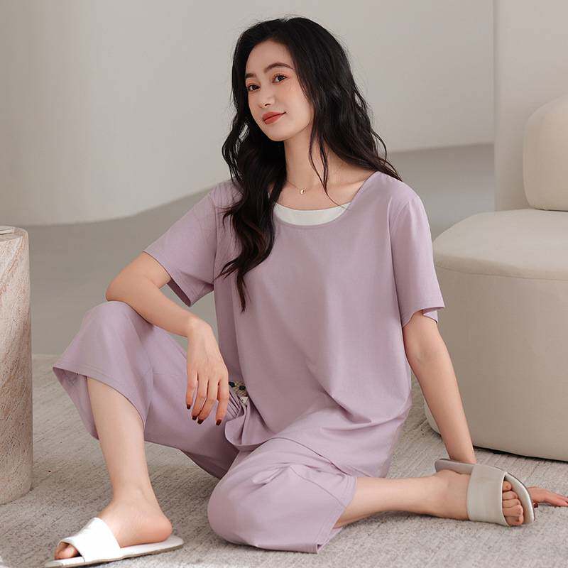 商场品牌睡衣女款2026新款夏季女莫代尔棉短袖假两件七分裤秀婉家