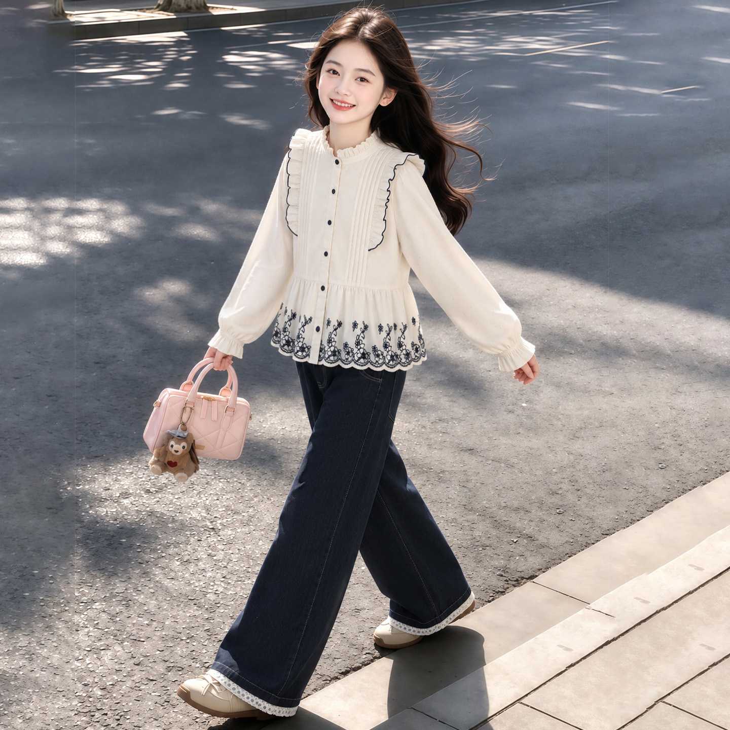 专柜品牌儿童装女童秋季套装2026新款中大童衬衫牛仔裤两件套女孩