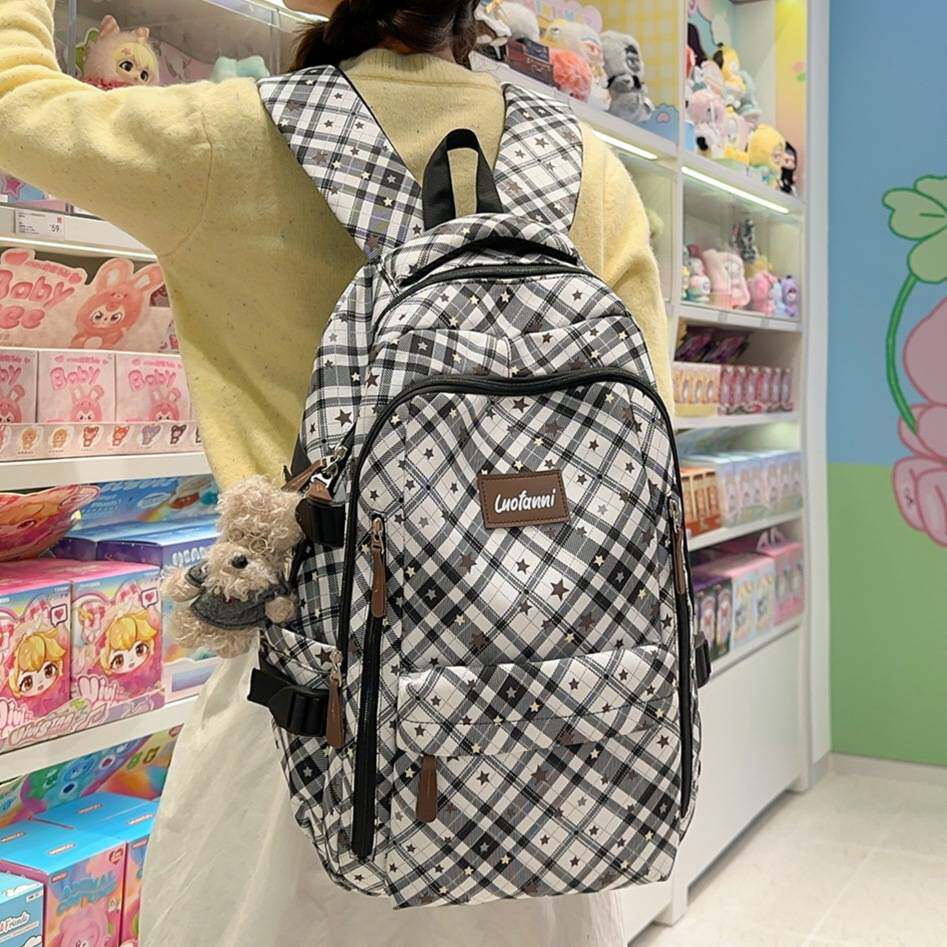 商场品牌时尚大容量双肩包新款休闲印花格纹初高中学生上课旅行双