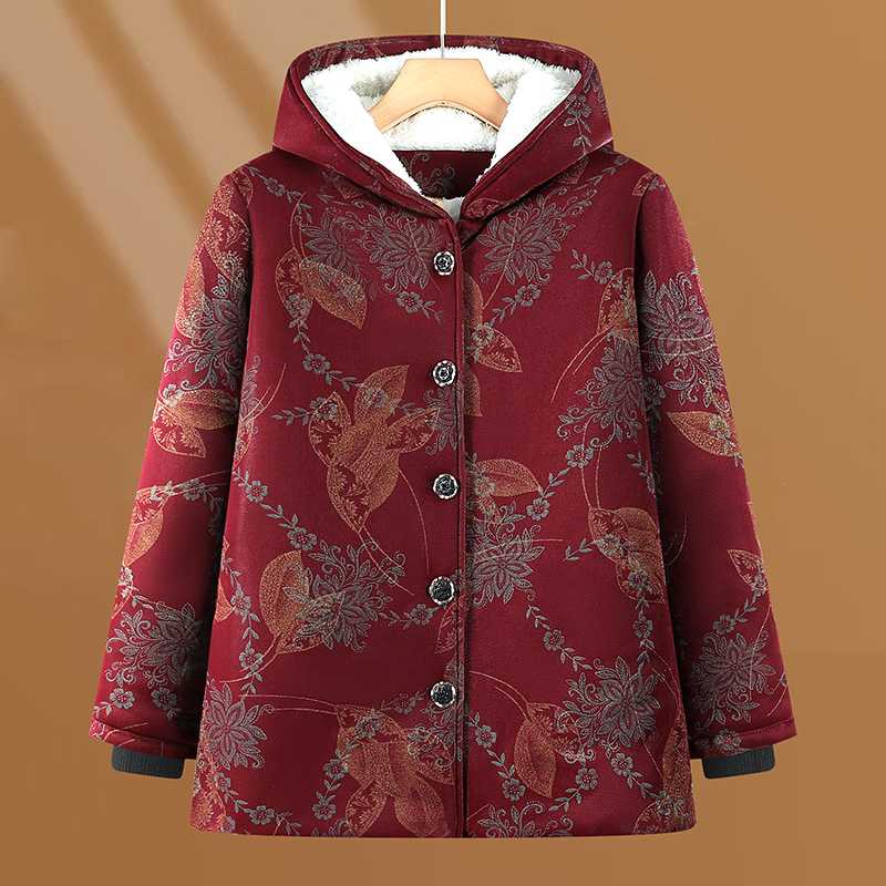 专柜品牌中老年女装加绒加厚棉服连帽单排扣印花冬装外套棉衣妈妈