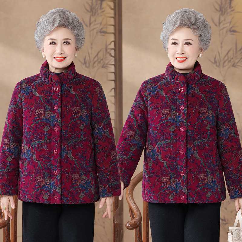 专柜品牌中老年人冬装棉衣女奶奶加绒加厚妈妈短款纯棉外套立领老