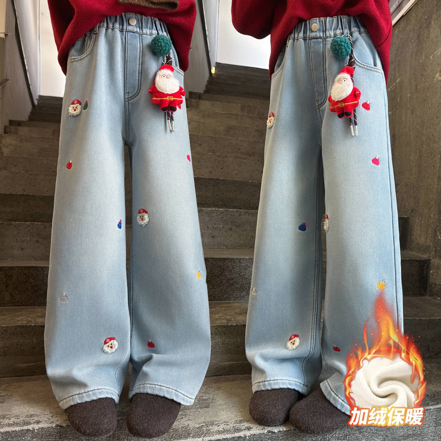 商场品牌冬季中大女童加绒牛仔裤新童装儿童女孩宽松卡通刺绣加厚