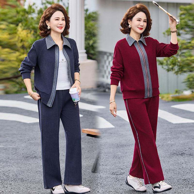 商场品牌中年妈妈春秋装翻领运动服套装中老年女休闲端庄大气外套