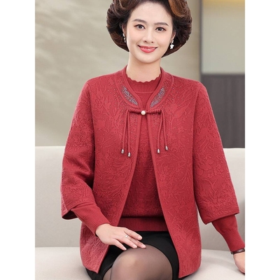 中老年女装洋气针织开衫喜婆婆婚宴礼服妈妈秋装新中式毛衣两件套
