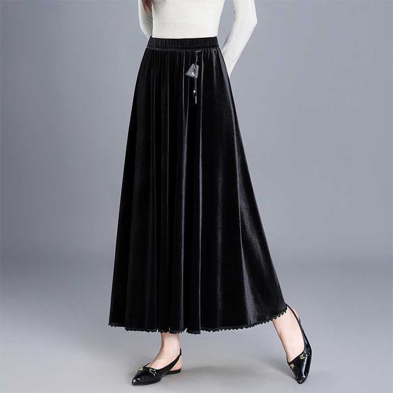 专柜品牌2026秋季金丝绒松紧半身大摆裙A字裙女士跳舞裙高腰显瘦
