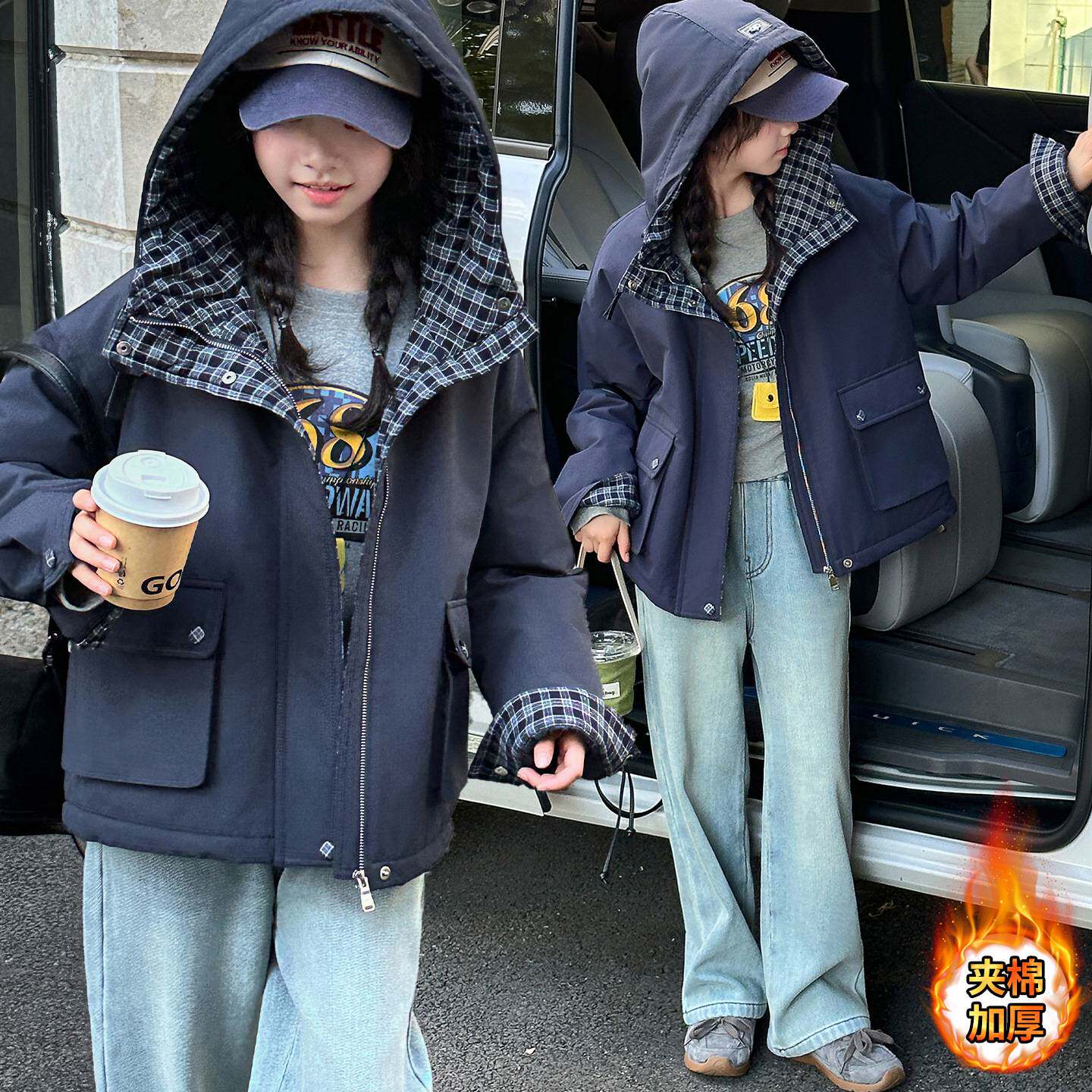 商场品牌女童秋冬棉服冲锋衣2025新款儿童藏青夹克中大童绗棉加厚