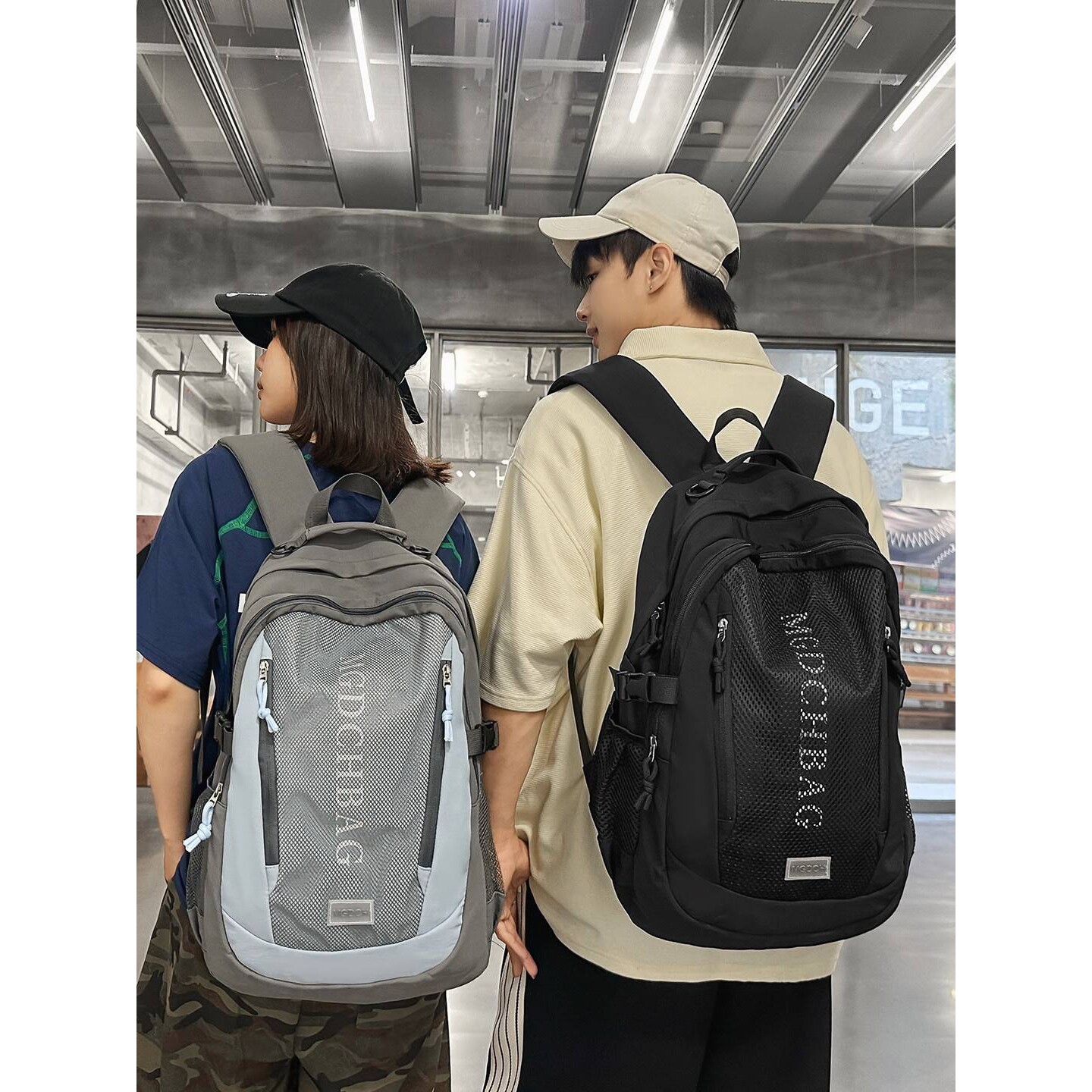 专柜品牌岩灰哑光拼接机能双肩包大学生情侣款日系工装风上课户外