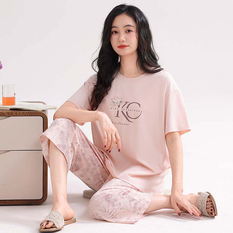 商场品牌睡衣女款2026年新款夏季薄款纯棉短袖七分裤带胸垫凉感家
