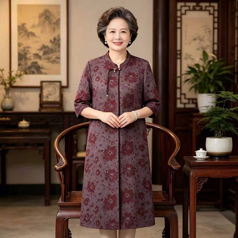 商场品牌奶奶夏装时尚休闲连衣裙中老年人宽松立领长裙妈妈洋气显