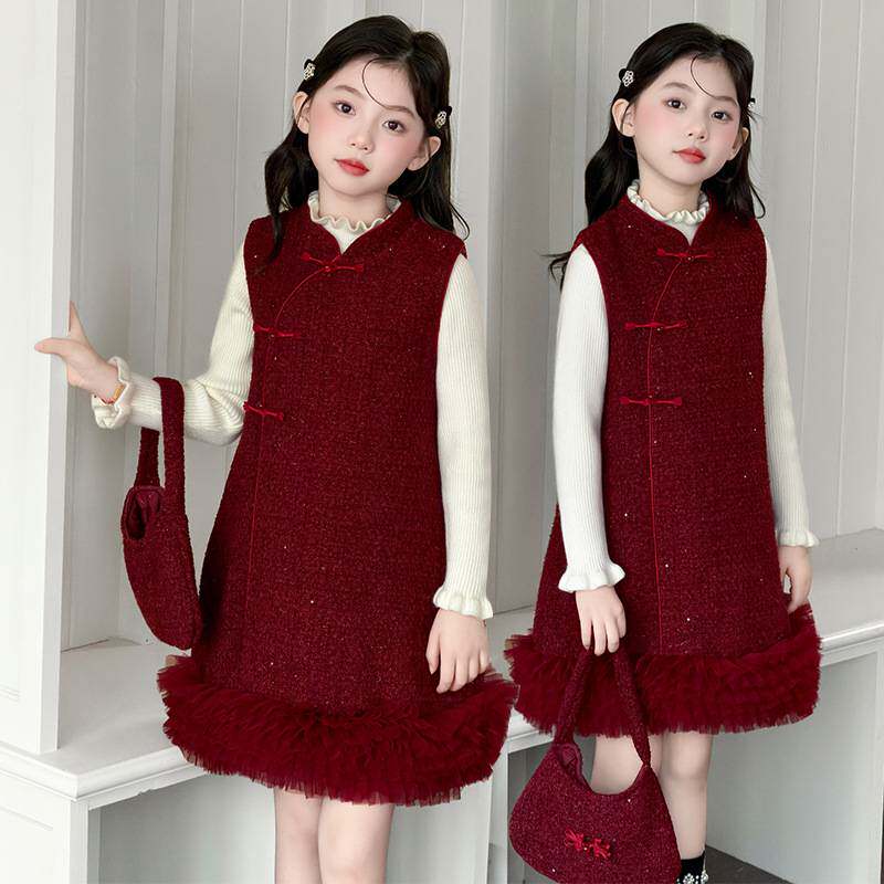 商场品牌女童连衣裙秋冬装2025新款儿童中国风马甲裙加绒加厚裙子