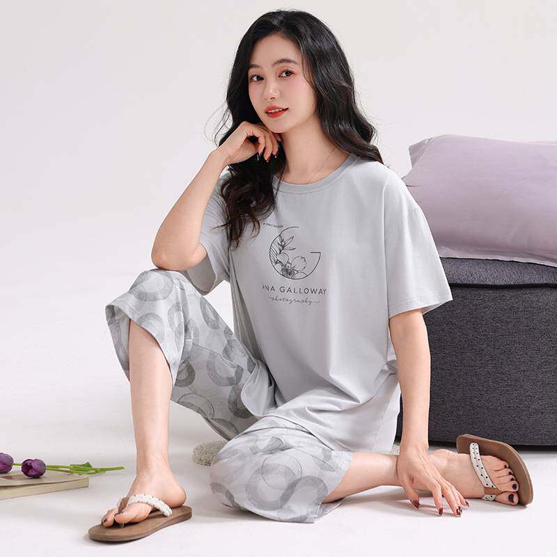 商场品牌睡衣女款2026新款纯棉短袖七分裤套装薄款凉感带胸垫家居
