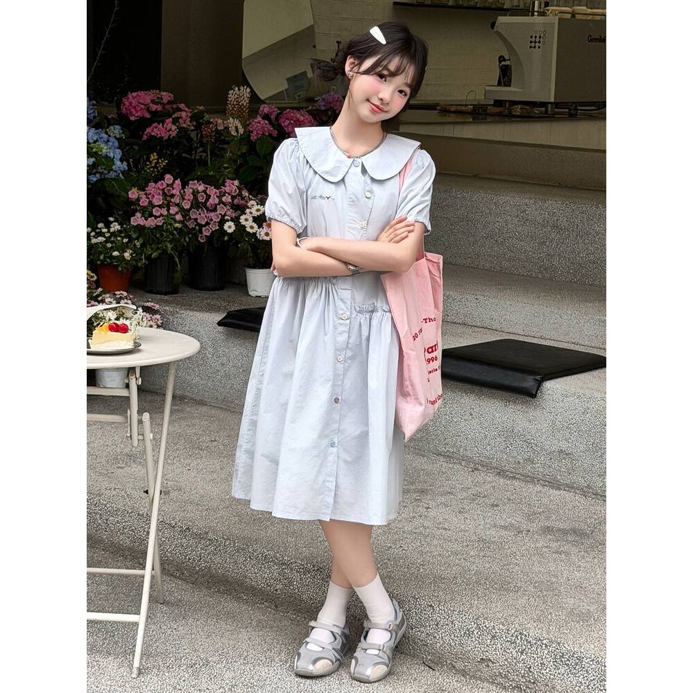 商场品牌女童学院风连衣裙夏季薄款韩版中大童短袖衬衫裙子夏装女