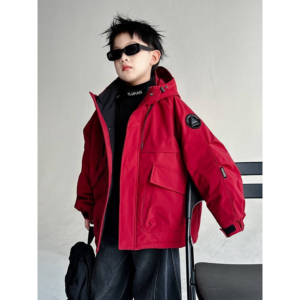 商场品牌男童户外风连帽外套加厚夹棉中大儿童秋冬夹棉冲锋衣男孩