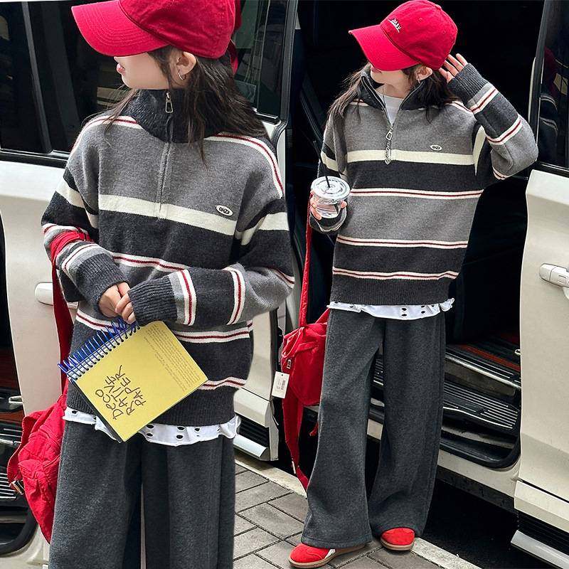 商场品牌冬季中大女童半拉链毛衣新款冬装童装儿童条纹毛衣女孩套