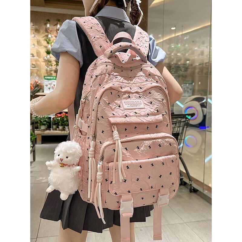 专柜品牌氛围感泡泡褶皱少女心蝴蝶结印花背包初高中软妹校园上课