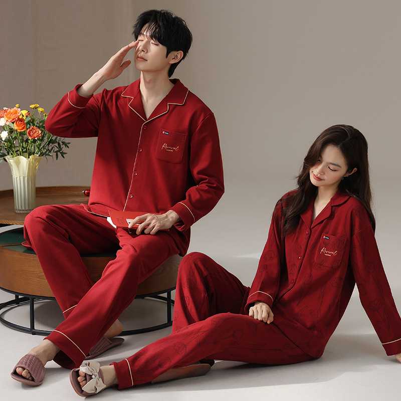 专柜品牌秋冬季红色德绒睡衣情侣套装红色本命年男女士结婚新婚喜