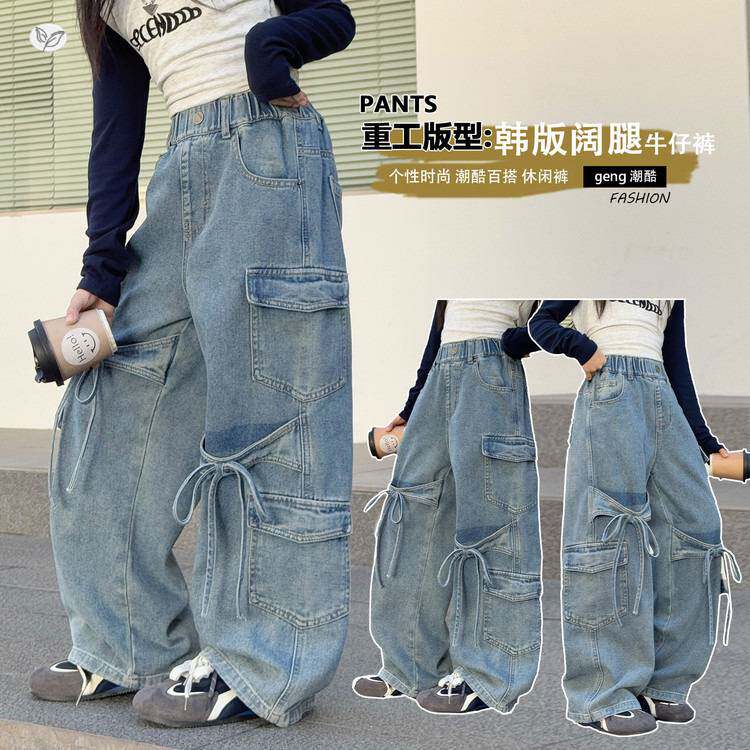商场品牌蝴蝶结工装牛仔裤女童2026年春新款中大童设计感阔腿裤韩