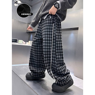 商场品牌男童加绒裤子秋冬款2025新款大儿童装一体加厚格子直筒阔