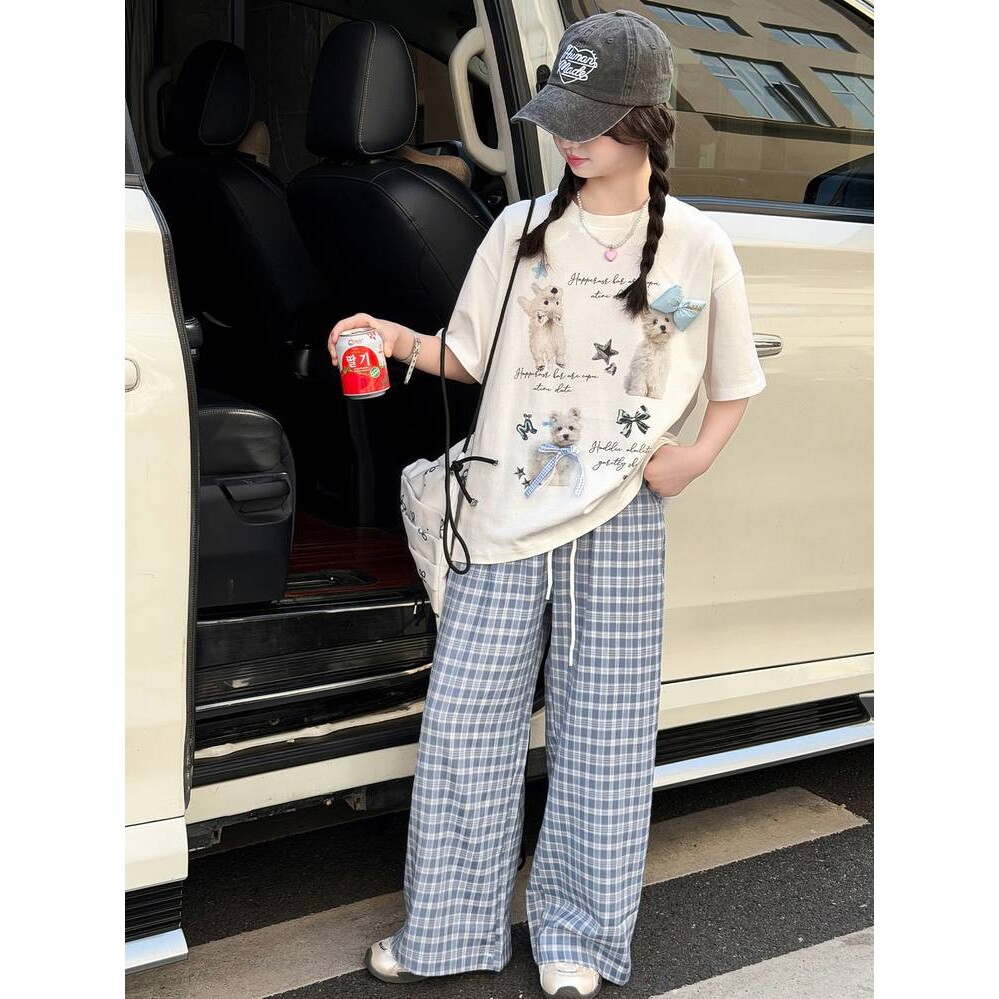 商场品牌女童短袖套装夏季韩版女孩薄款T恤两件套大童卡通上衣格