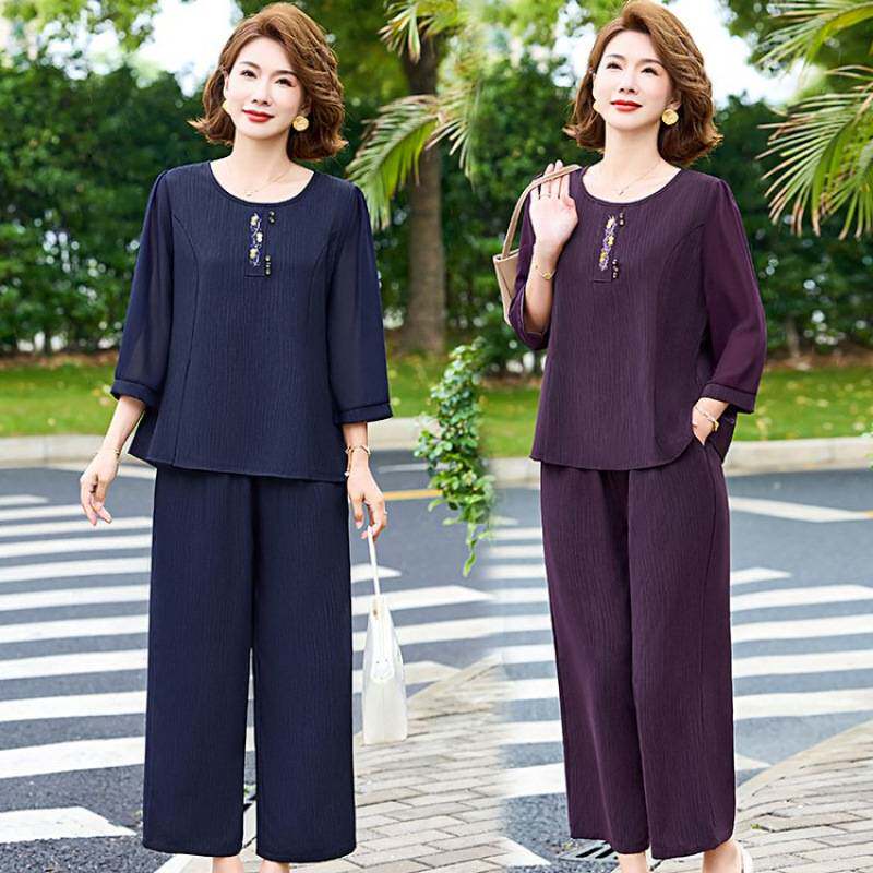商场品牌年轻妈妈夏装衣服套装时尚气质小衫裤子中老年女装洋气上