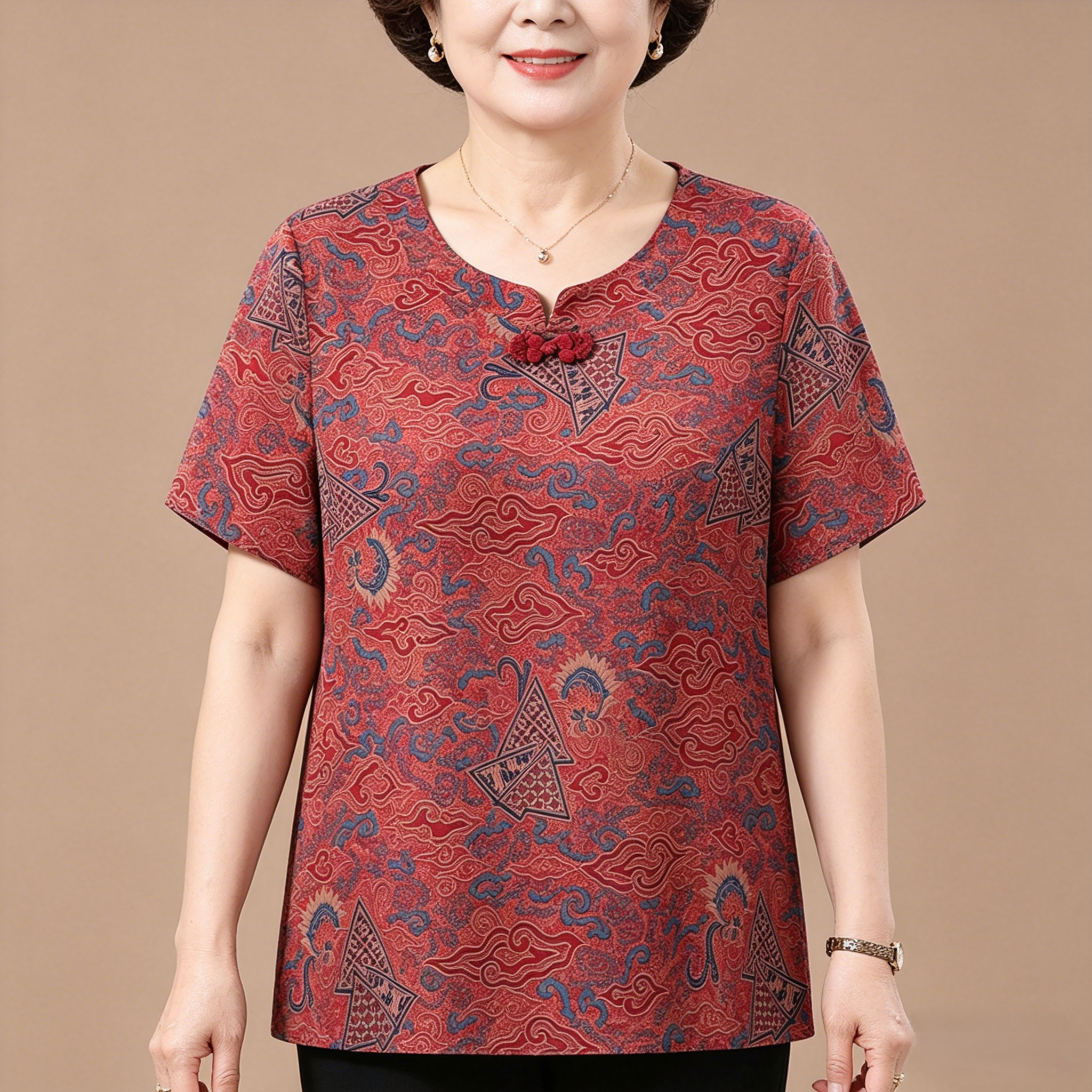 中老年人女装短袖T恤杉印花上衣妈妈装夏装新款宽松圆领奶奶衬衫