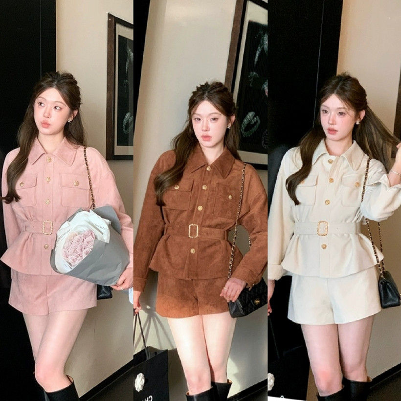 两件套miu系千金收腰翻领麂皮绒外套夹克女秋名媛小香风短裤套装,女装/女士精品,时尚套装,淘宝优惠券,粉丝福利购,淘宝优惠卷