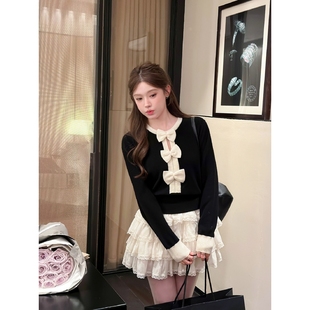 两件套miu系千金撞色立体蝴蝶结针织衫 女秋设计感蛋糕半身裙套装