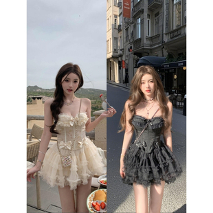 两件套纯欲千金感蝴蝶结蕾丝网纱鱼骨抹胸女夏甜辣风网纱半裙套装