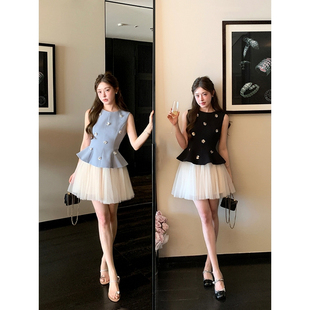 两件套南洋千金感立体花掐腰无袖 背心女夏芭蕾风网纱半身短裙套装