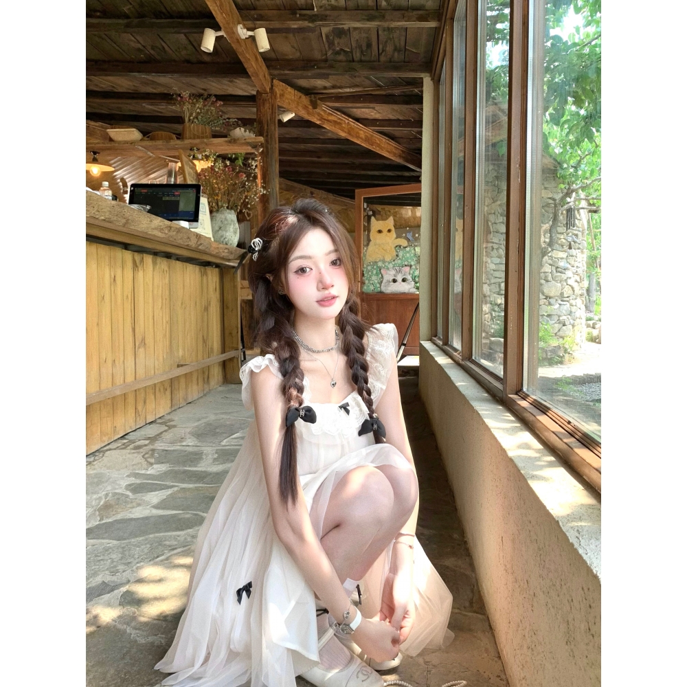 连衣裙miu系千金薄纱飞飞袖娃娃裙女夏短款蕾丝花边蝴蝶结公主裙