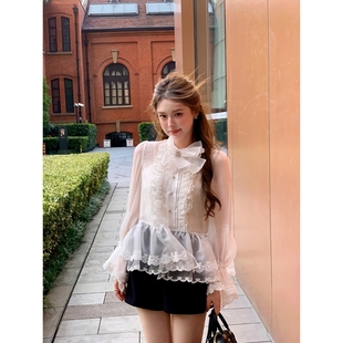 女miu系拼接荷叶边雪纺上衣 赫本蕾丝花边蝴蝶结衬衫 2025新款 法式
